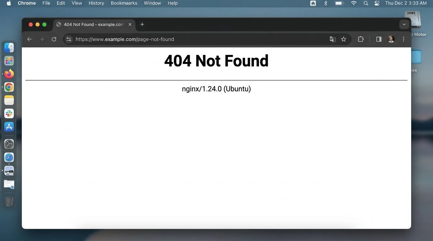 لقطة شاشة لصفحة خطأ 404 Not Found الافتراضية في المتصفح الصادرة من خادم Nginx