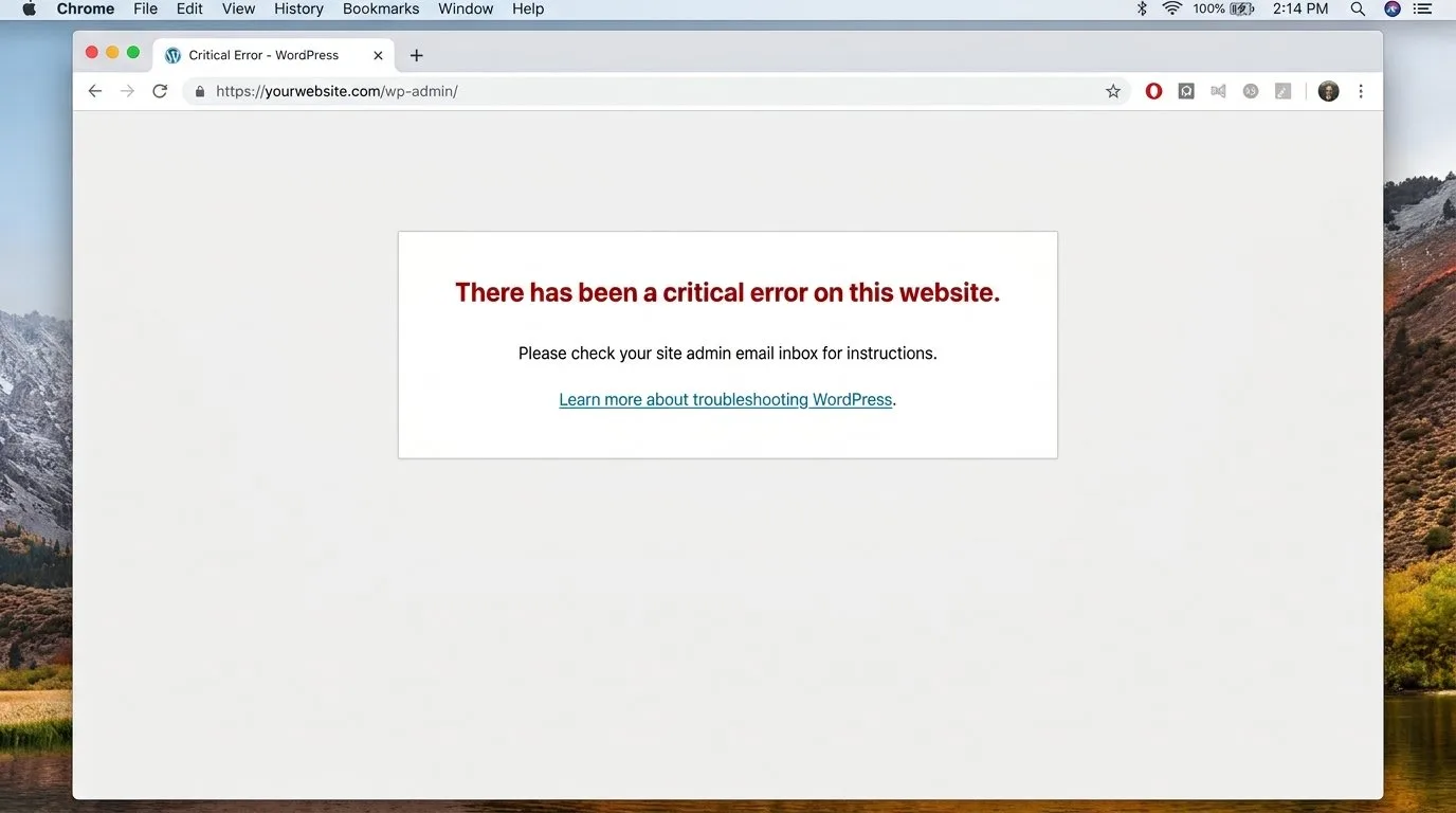 لقطة شاشة لمتصفح يعرض رسالة الخطأ الرسمية في ووردبريس There has been a critical error on this website
