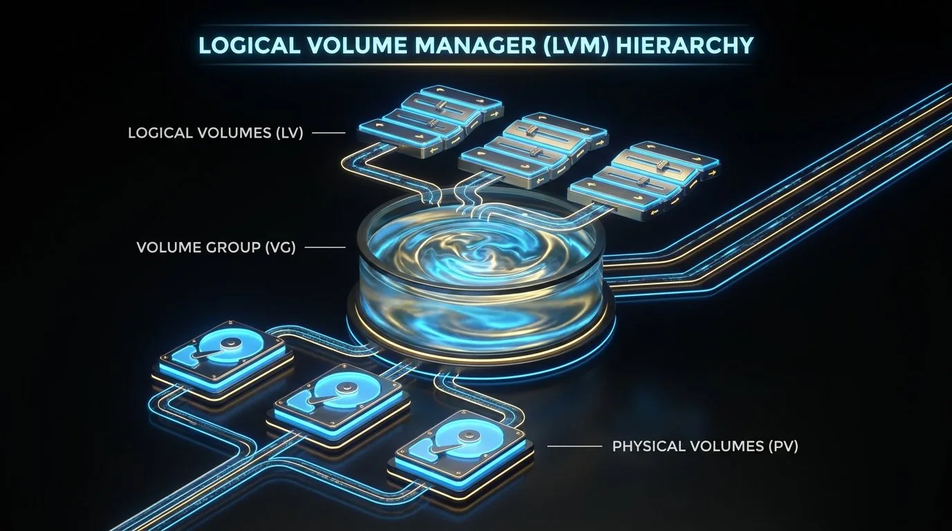 المخطط المعماري لطبقات LVM الثلاث الأقراص الفيزيائية ومجموعات التخزين والأقسام المنطقية