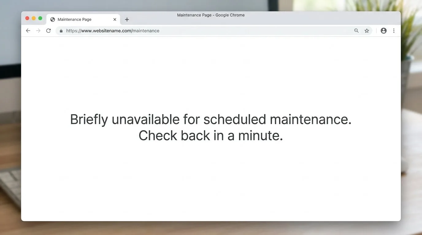 لقطة شاشة لمتصفح ويب يعرض رسالة وضع الصيانة في ووردبريس Briefly unavailable for scheduled maintenance