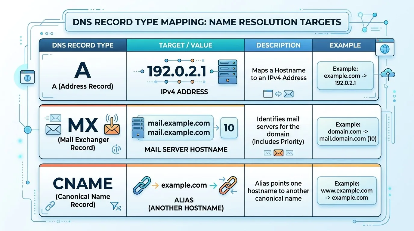 جدول إنفوجرافيك يوضح أنواع سجلات DNS ووظيفة كل منها