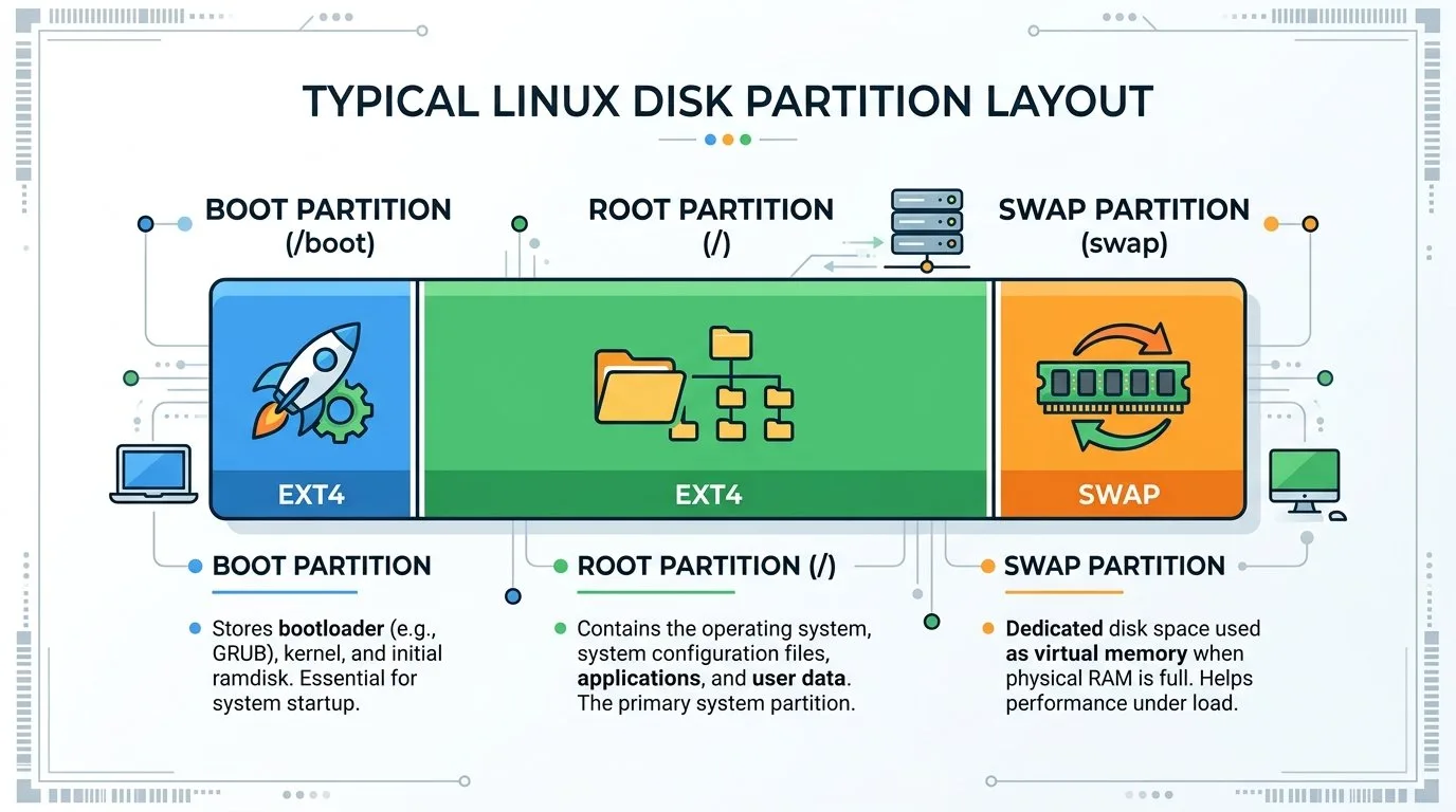 مخطط تقسيم القرص في Linux يُظهر قسم الإقلاع وقسم الجذر وقسم Swap