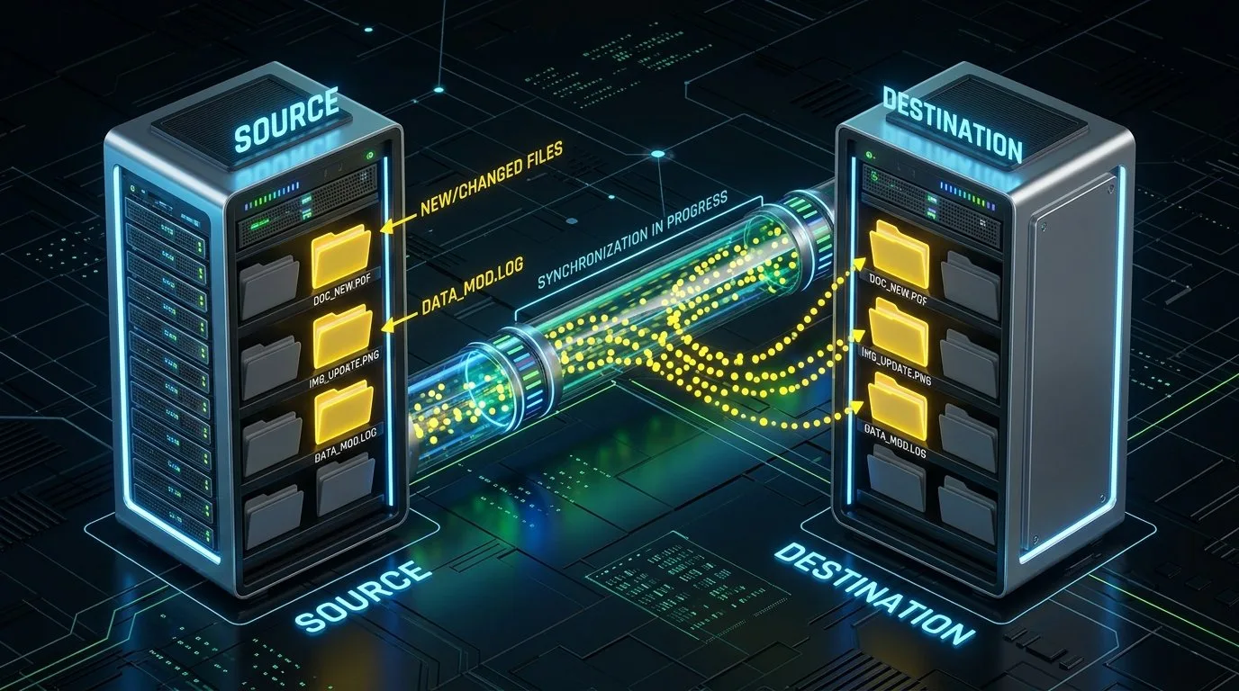 مخطط يُظهر كيف يُزامن rsync الملفات بين سيرفرين بنقل الأجزاء الجديدة فقط