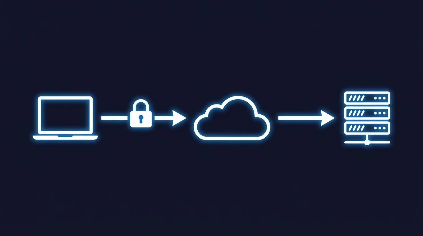 مخطط يُظهر كيف يمر اتصال SSH من الجهاز عبر الإنترنت إلى السيرفر بشكل مشفر