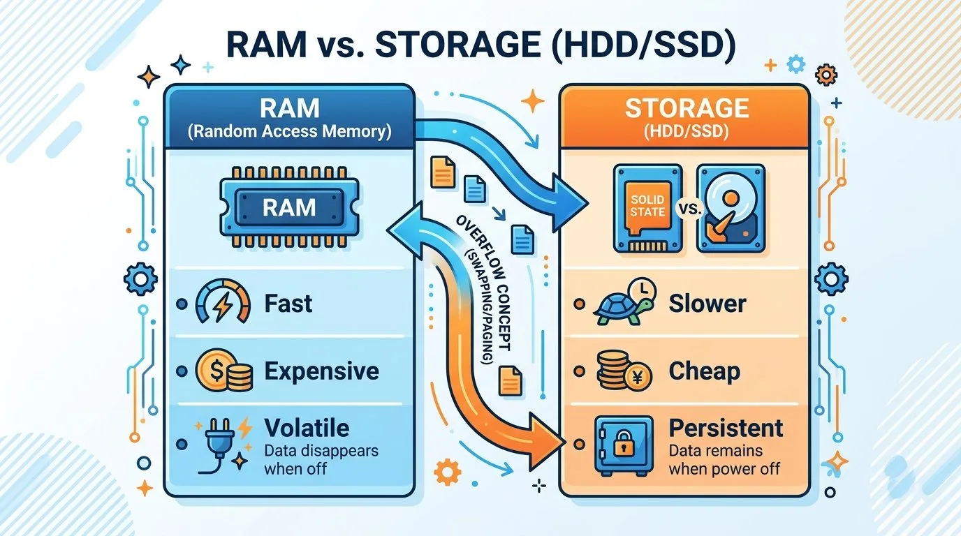 مقارنة بين RAM السريعة ومساحة Swap الأبطأ على القرص