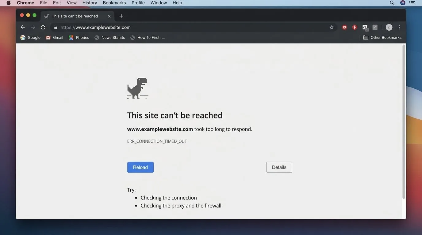 لقطة شاشة لمتصفح كروم يعرض رسالة تعذر الوصول إلى الموقع مع رمز الخطأ ERR_CONNECTION_TIMED_OUT